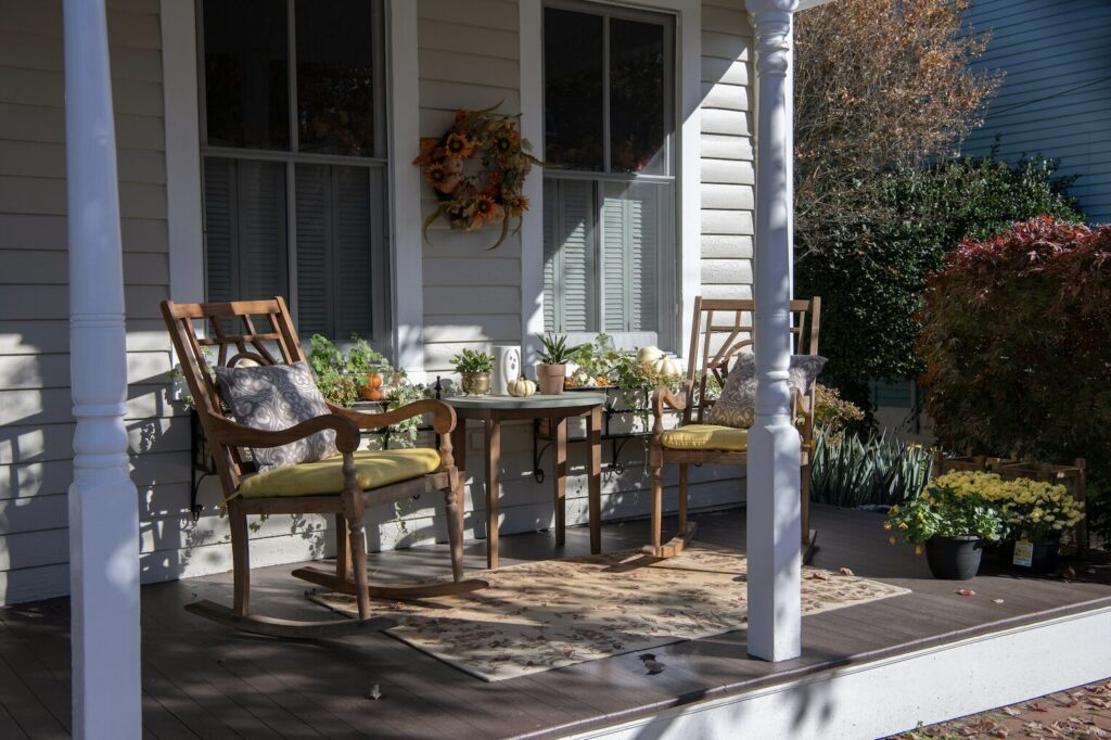 Front Porch with beautiful light hitting the outdoor furniture set.
