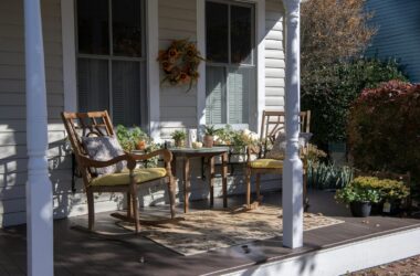 Front Porch With Beautiful Light Hitting The Outdoor Furniture Set.